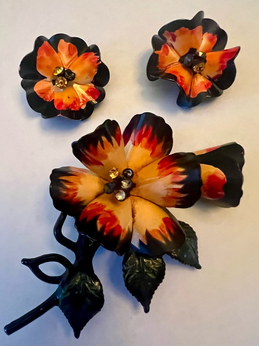Vintage Enamel Rose Brooch And Matching Earrings